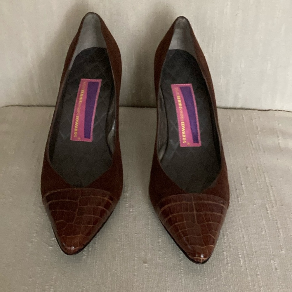 Susan Bennis/Warren Edwards Brown Crocodile and Suede Heels